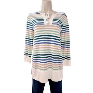 NWT Market & Spruce Green Blue Tan Stripe Sweater Popover V Neck Tassel Ties